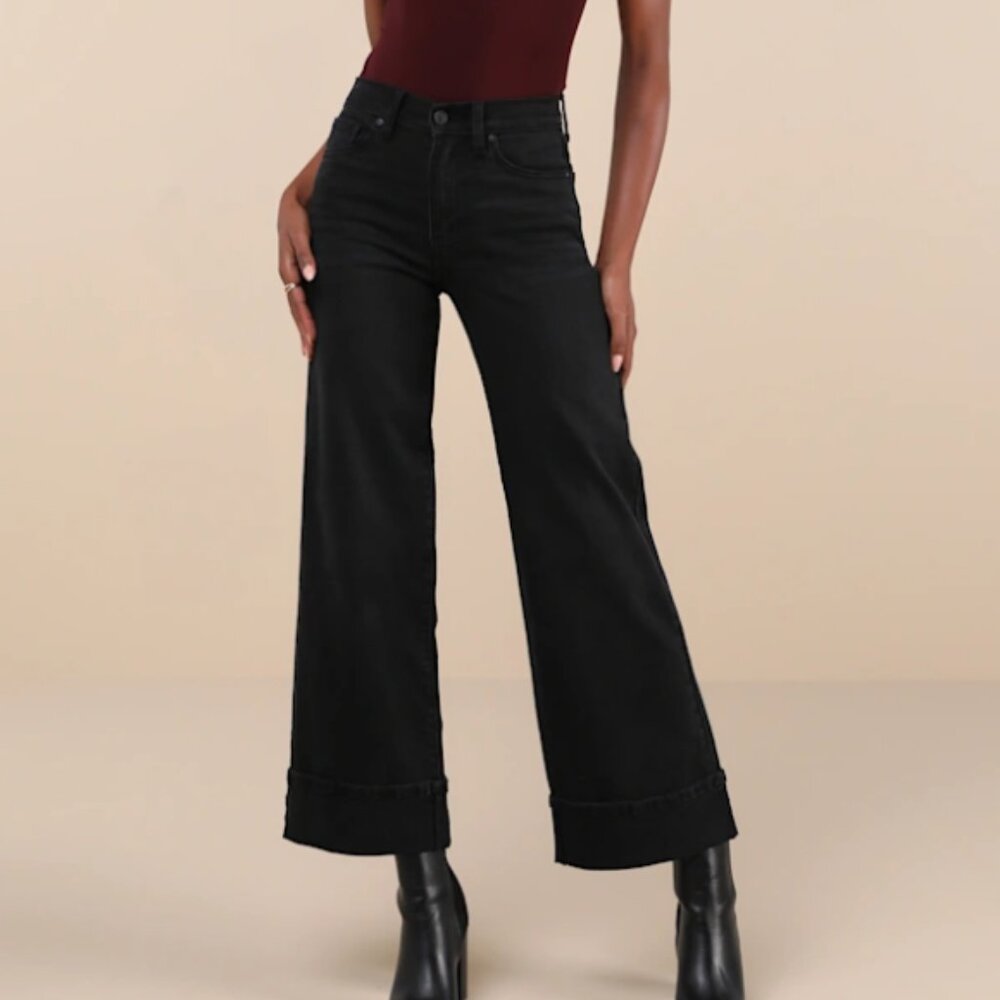 Lulus Palazzo Washed Black Denim Cuffed High-Rise Wide-Leg Jeans JBD - Size 28